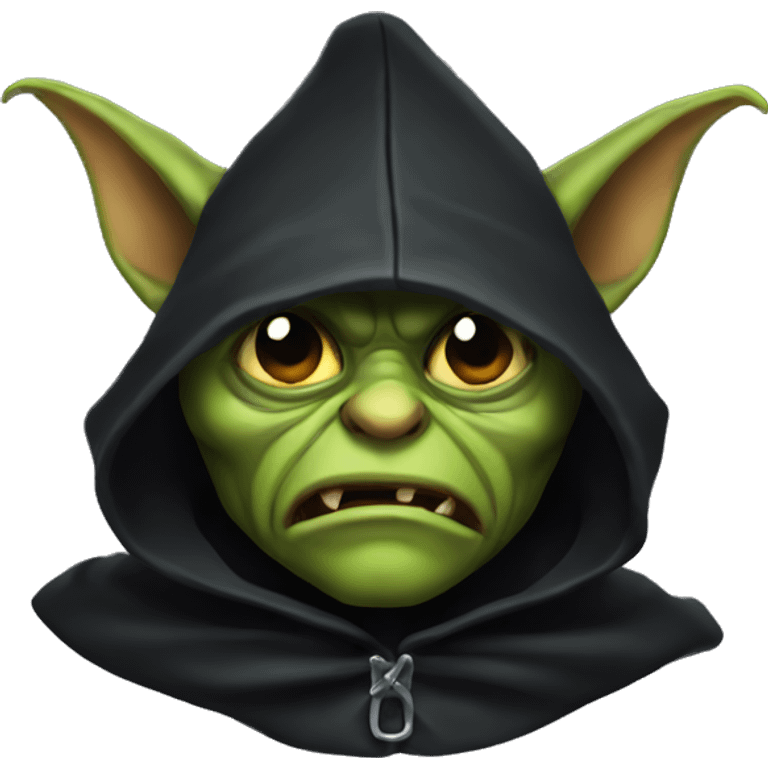 Goblin head, wearing a dark cape, hood,  front view,  emoji