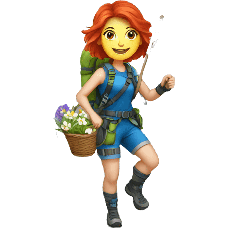 Female mountain climber red hair climbing with Greek flag and holding Easter eggs basket emoji