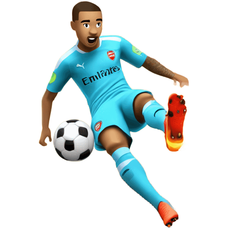 Gabriel Jesus from Arsenal with one foot on fire kicking a soccer ball into a net emoji