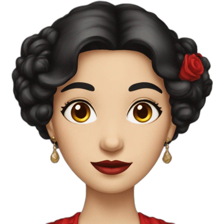 A Victorian noblewoman with black hair, red eyes, and wearing a red dress  emoji