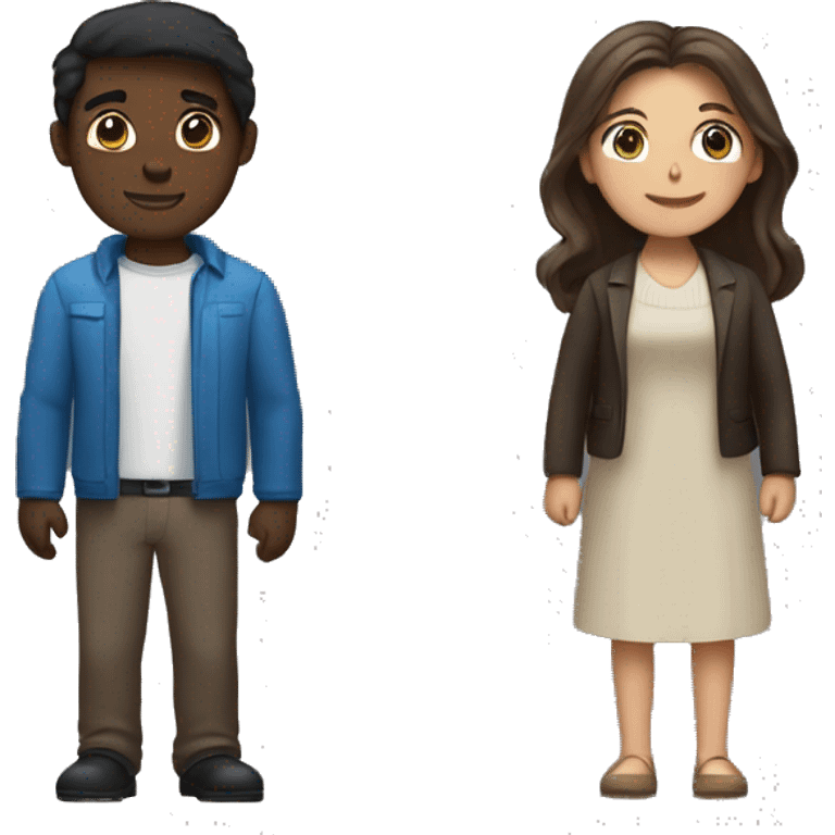 Couple facing each other with arms around each other. man with brown skin and black hair. Shorter white woman with long brown hair and blue eyes  emoji