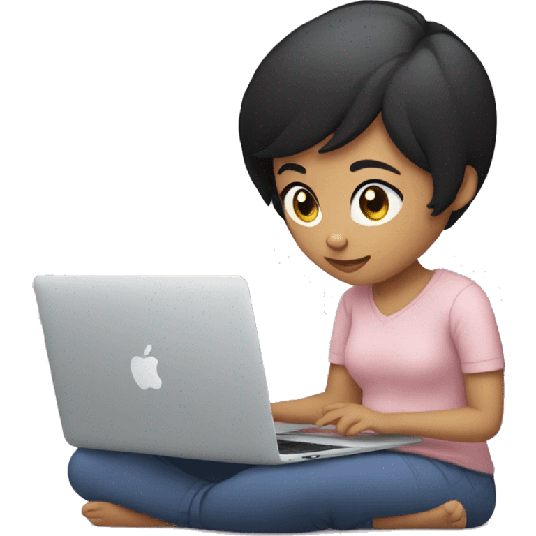 girl with short black hair sitting typing on MacBook and holding iPhone in hand emoji