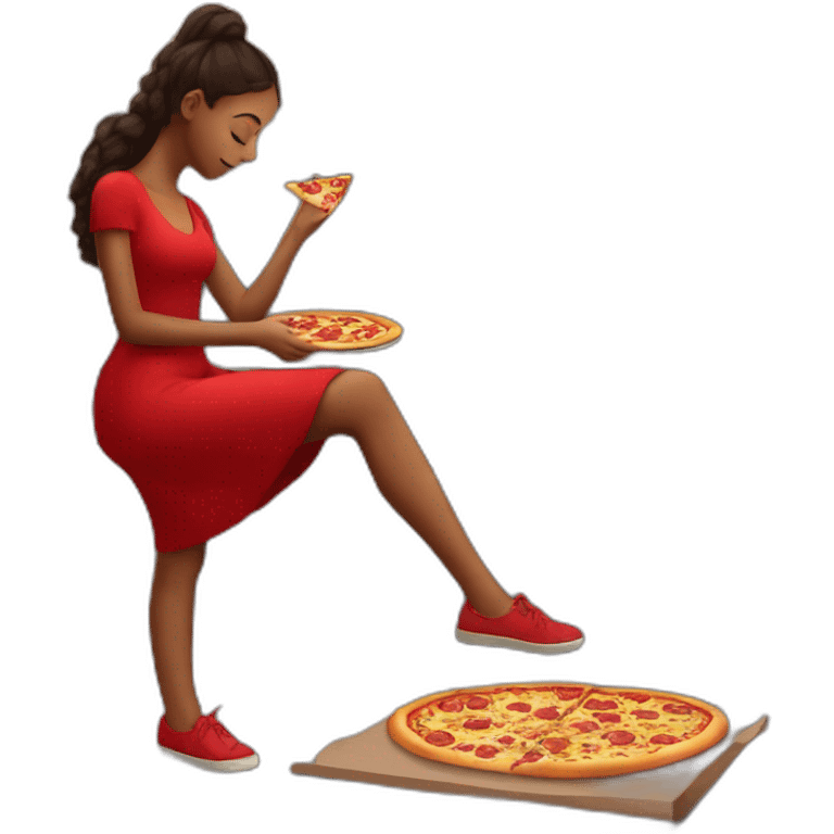 girl in a red dress goes through the city at the evening and eats pizza emoji