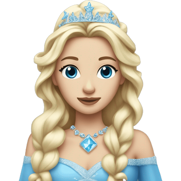 snow princess long blonde hair wearing an ice crown and a blue gown emoji