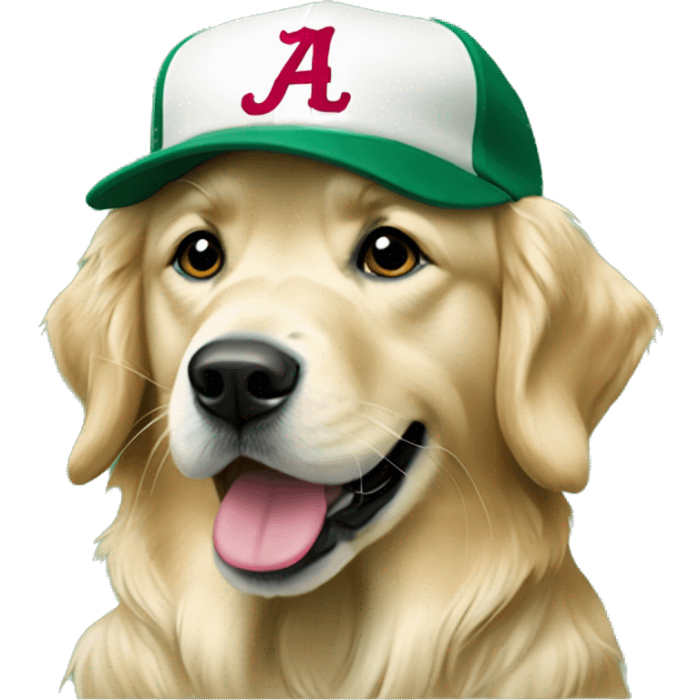 english cream golden retriever wearing alabama baseball cap green background emoji