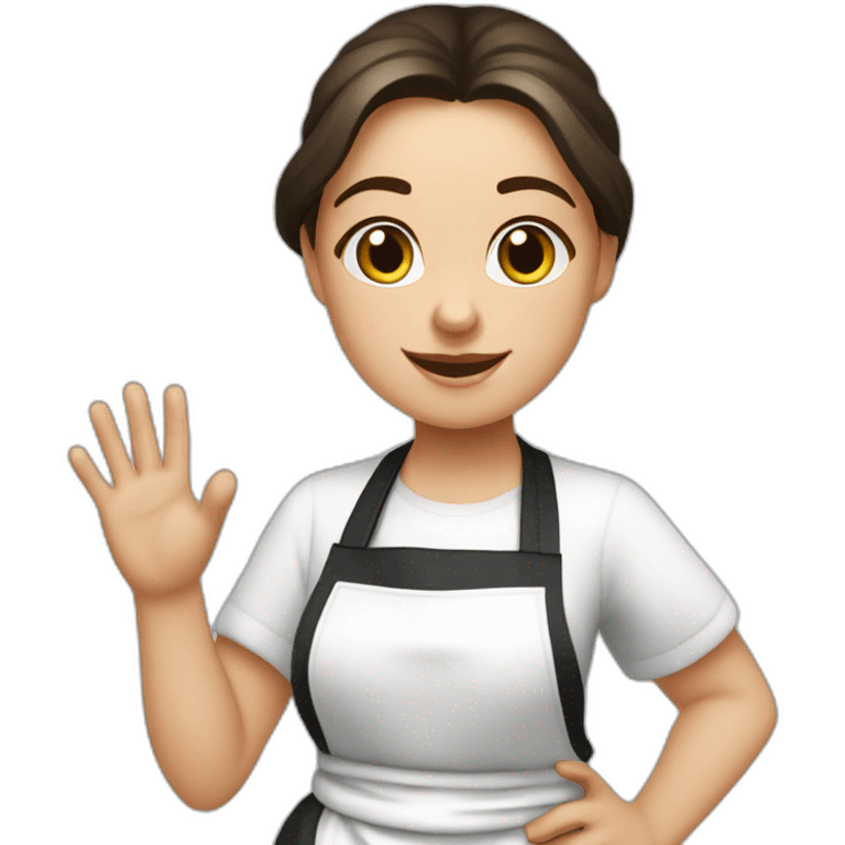 Slavic girl in a white T-shirt and a completely black apron waves hello with her right hand emoji