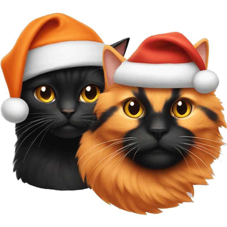 An Orange cat and a black cat wearing Santa hats emoji