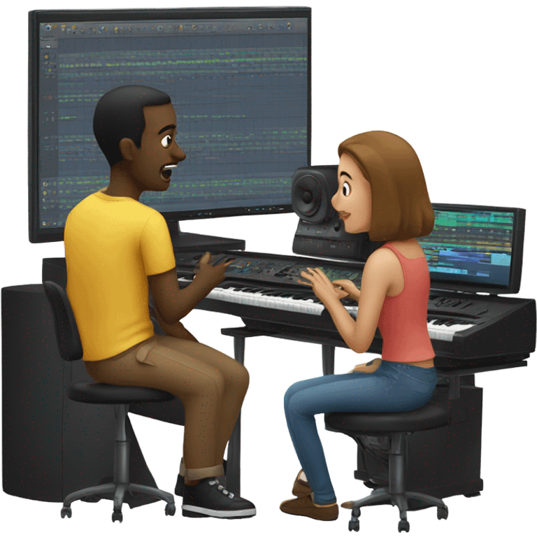 people in a music studio. one is looking at the computer and two more watching emoji