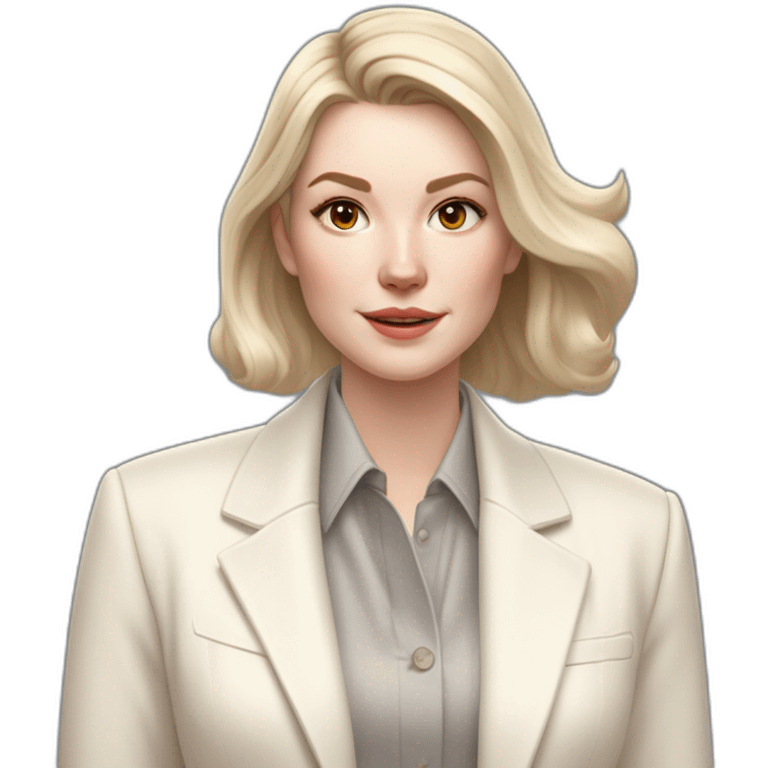 pale skin woman with ash blonde Straightened bob Hair, White Spacious classical jacket, beige palazzo Arrow pants and gray blouse holding white IPhone 15 pro in the hands emoji