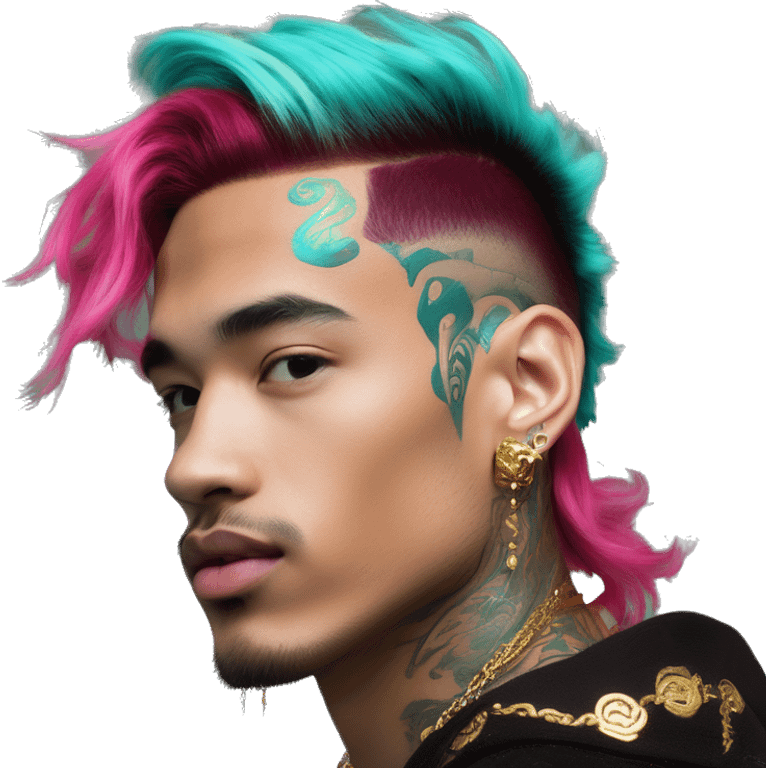 Vintage patina intricate swirls gold jewellery baroque golden sparkle tropical Deep pink maroon burgundy cyan dark hoodie man vitiligo dyed hair gold piercings nose piercing ear piercings emoji