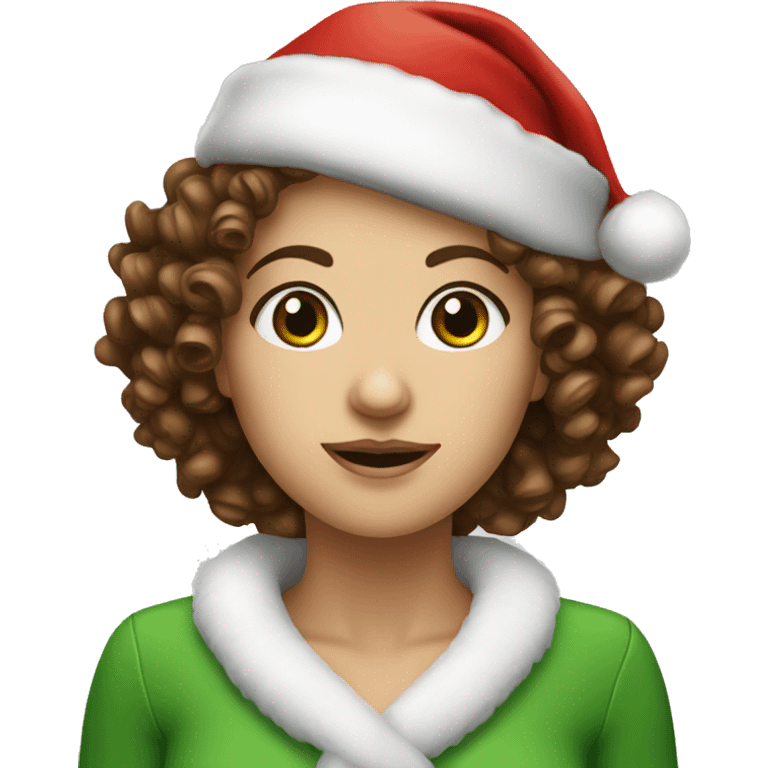 White skin lady with green eyes and brown curly heat wearing Santa hat emoji