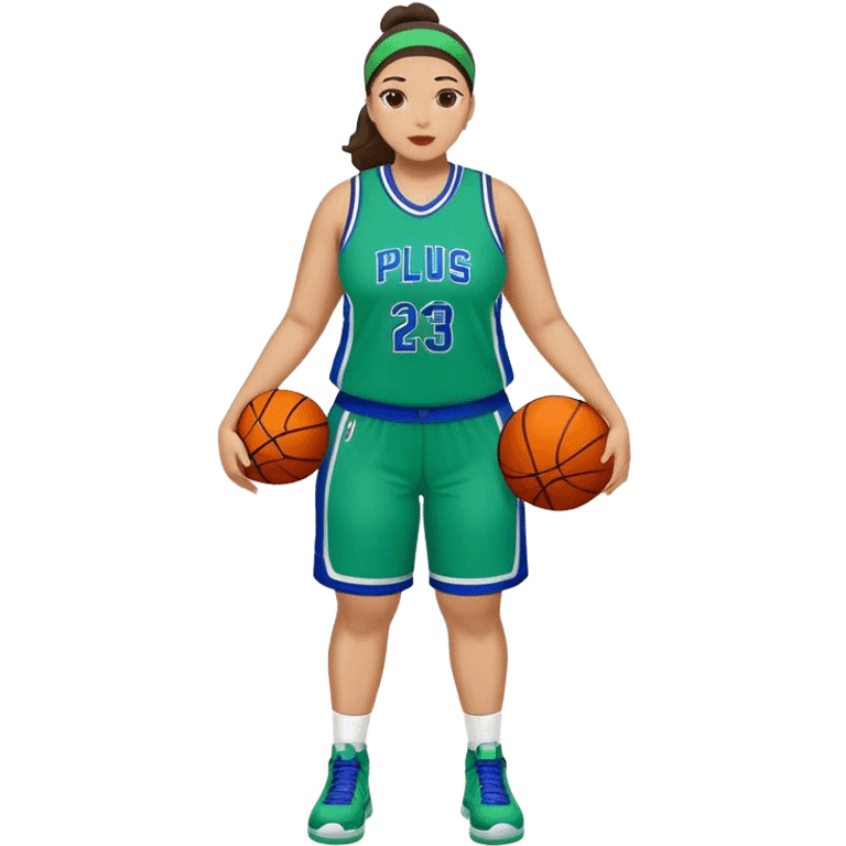 Full Body light skin Latino plus size women basketball player wearing blue and green uniform emoji