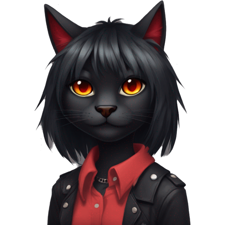 Anthro Edgy Cool Beautiful Black Cat-Fursona with Emo Hair-bangs with Red Streaks emoji