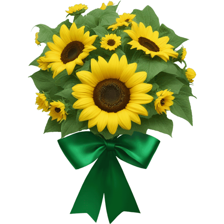 A sunflower ￼bouquet with emerald green bow ￼ emoji