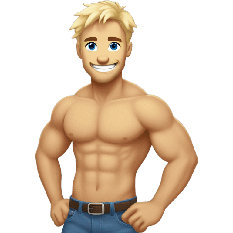 Full body, abs, pecs, shirtless male hyena muscular, good looking, blue eyes, blonde hair, smile, teeth emoji