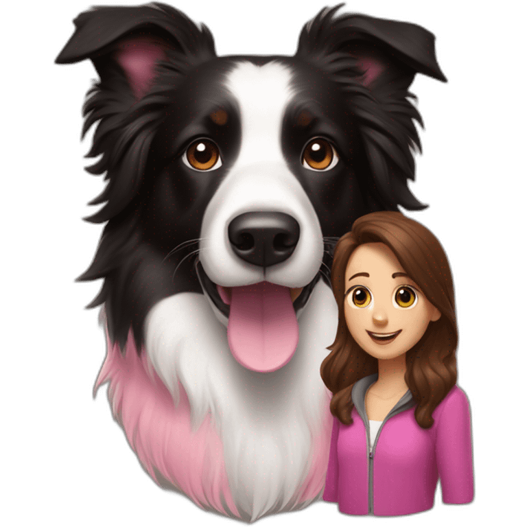 black border collie and woman with long brown hair with pink ends emoji