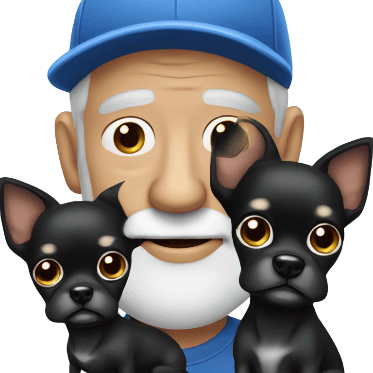 Old man with blue eyes goatee beard ball cap holding cute black long fur Chihuahua emoji