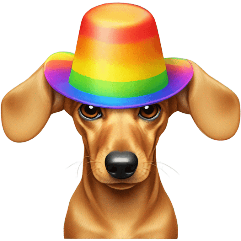 Golden dachshund wearing rainbow propeller hat emoji