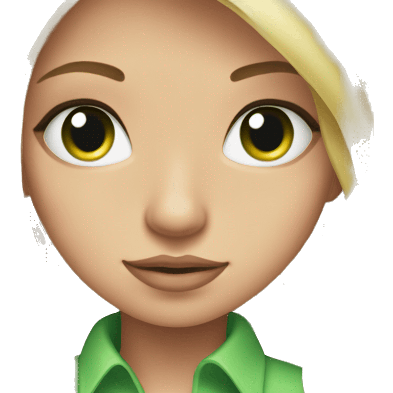 Pretty long blonde hair, green eyes, long eyelashes and a pink shirt emoji