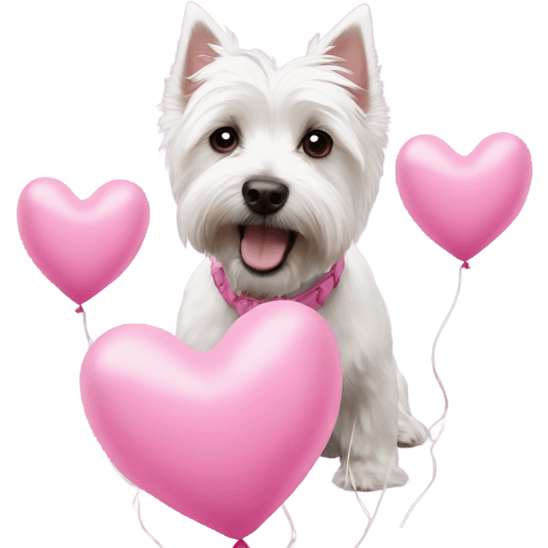 westie surrounding in pink heart balloons emoji