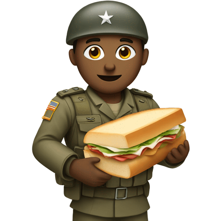 White Army soldier with blue eyes and brown hair holding a sandwhich and a bible emoji