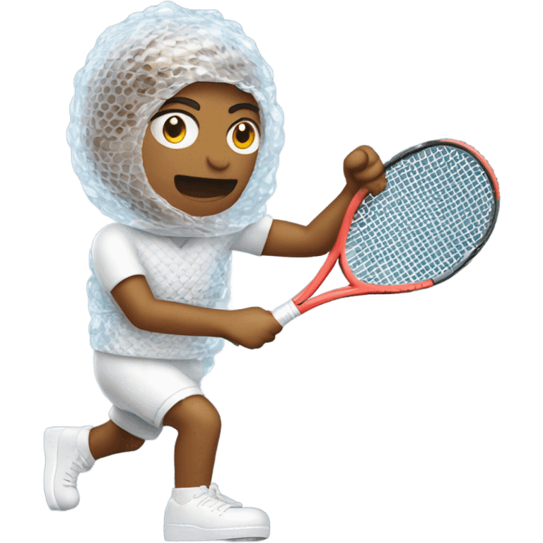 Person wrapped in bubble wrap playing tennis emoji