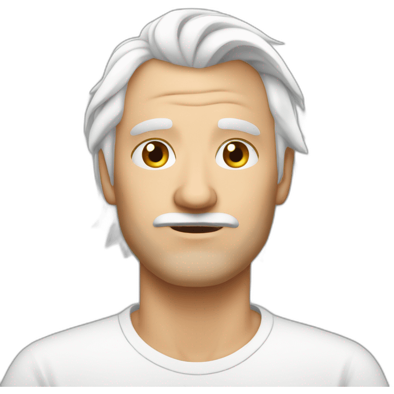 Insecure european shaved guy in his fifties with mid long white hair wearing a shirt emoji