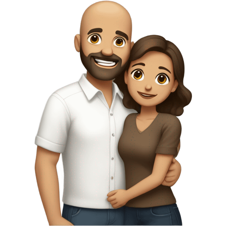 Brown-haired Puerto Rican woman with dark brown eyes wearing a cute blouse giving comforting hug to short, bald man with brown eyes, laugh lines, and a beard emoji