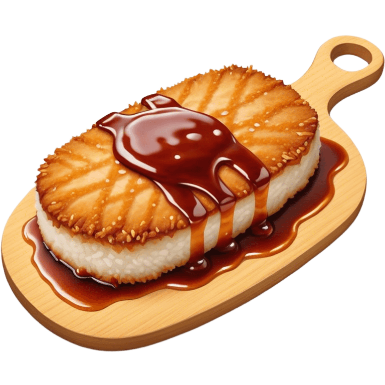 Tonkatsu Cinematic Realistic Tonkatsu Dish Emoji, depicted as a golden, crispy pork cutlet drizzled with tangy BBQ sauce, rendered with detailed textures and dynamic, appetizing lighting. emoji