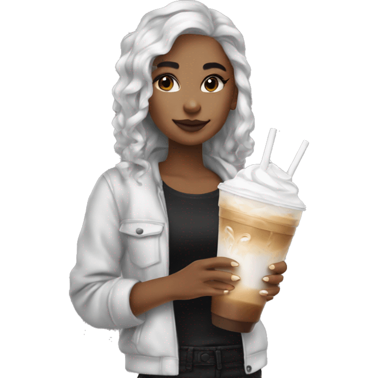 Girl with black and white split dye hair drinking an iced latte emoji