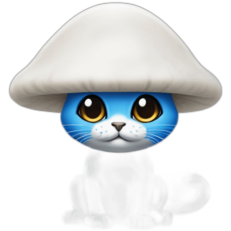 Blue smurf cat with black eyes wearing a white mushroom as hat emoji