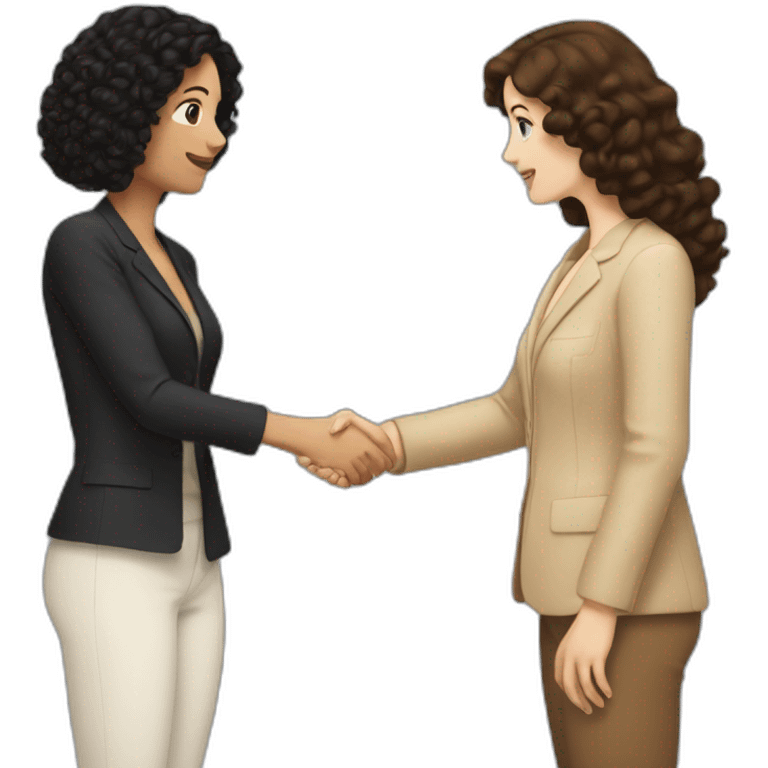 mid-sized pale woman with straight brown hair shakes hands with a tan mid-sized woman with black curly hair emoji