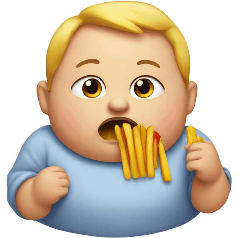 a fat baby eating a french fry with a disgusted face emoji