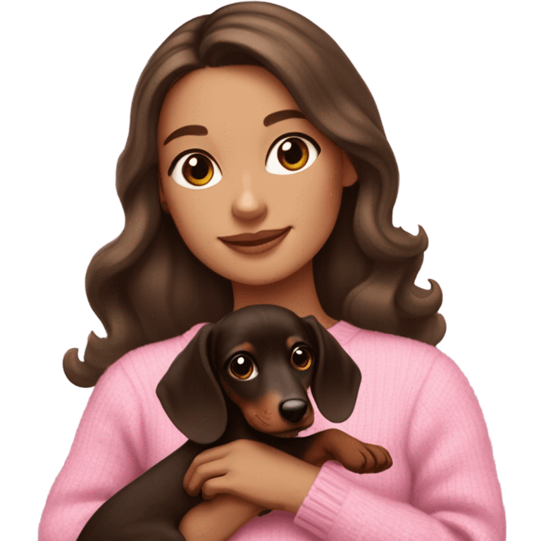  white girl with dark brown long wavy hair in a pink sweater holds a dark brown and cream dachshund long-haired puppy in her arms emoji