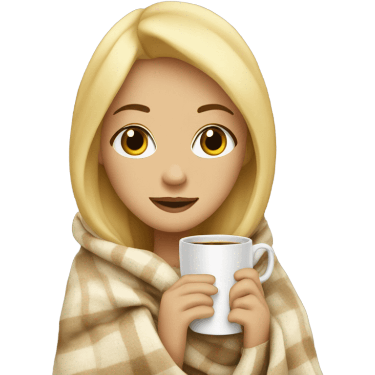 Blonde girl sipping coffee under blanket emoji