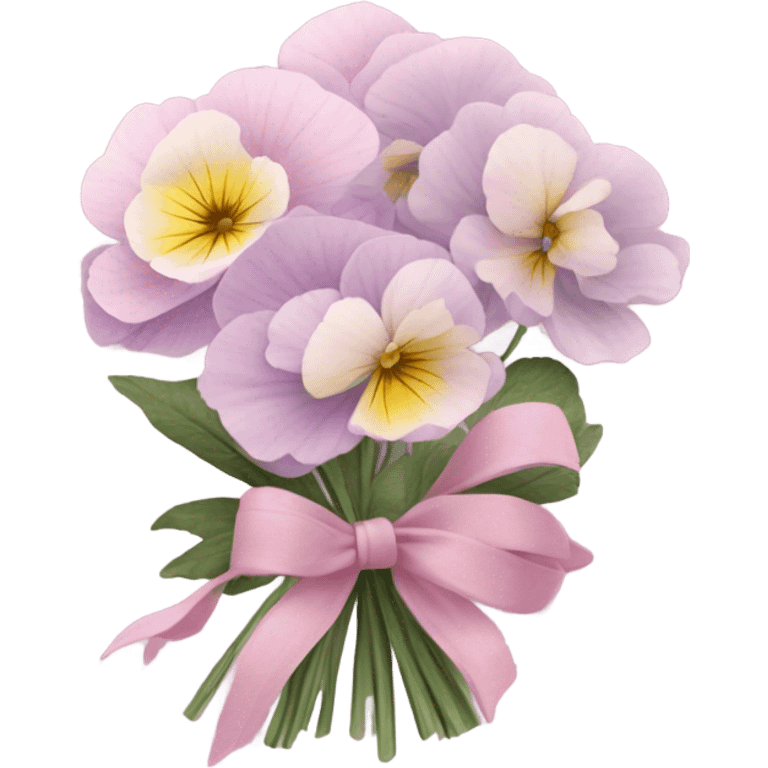 A bundle of pastel pansies and peonies wrapped in translucent pink fabric with a delicate bow. emoji