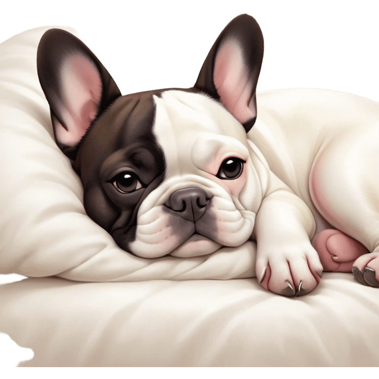 Meme-Worthy Cute Sleeping Pied French Bulldog Portrait Emoji, Head resting peacefully with a gentle, contented smile and eyes softly closed in serene repose, showcasing a distinctive pied fur of contrasting hues and a lovable, relaxed expression, simplified yet irresistibly adorable, highly detailed, glowing with a soft, drowsy radiance, high shine, exuding calm, endearing charm, styled with a gentle, soft glowing outline, capturing the essence of a sleeping Pied French Bulldog that appears destined to be the next viral symbol of adorable, sleepy delight! emoji