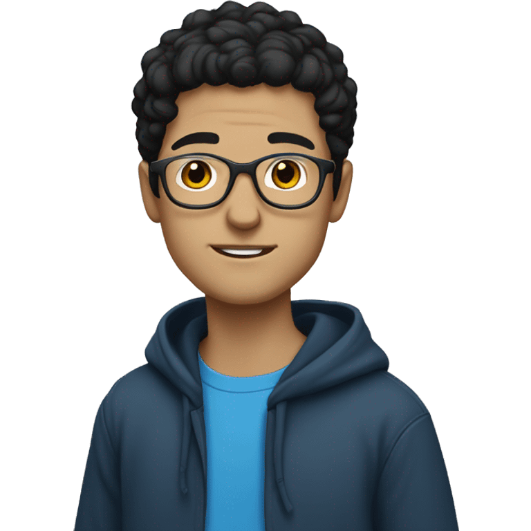 young white guy with black hair and rounded silver glasses with a blue hoodie on emoji