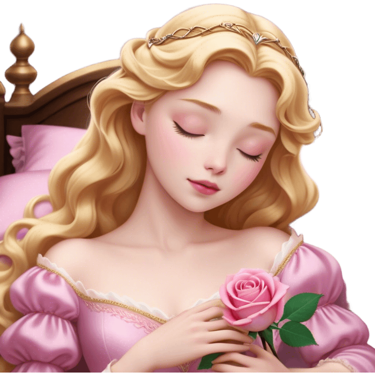 Cinematic Realistic Sleeping Beauty (Aurora) Portrait, with porcelain-like skin featuring a natural rosy flush, illuminated by soft lighting that highlights the gentle contours of her face. Her golden blonde hair flows in soft, detailed waves with subtle highlights that shimmer in the light. Her deep violet-blue eyes radiate warmth and innocence, framed by arched brows and long lashes. With a soft, serene smile, she holds a delicate rose gently in one hand, her other hand resting lightly by her side. She is dressed in her classic pink gown, the fabric rich in texture with delicate folds that catch the light. A golden crown rests atop her head, gleaming with royal refinement. The portrait captures a soft, glowing aura, blending realism with an ethereal sense of beauty and timeless enchantment. emoji