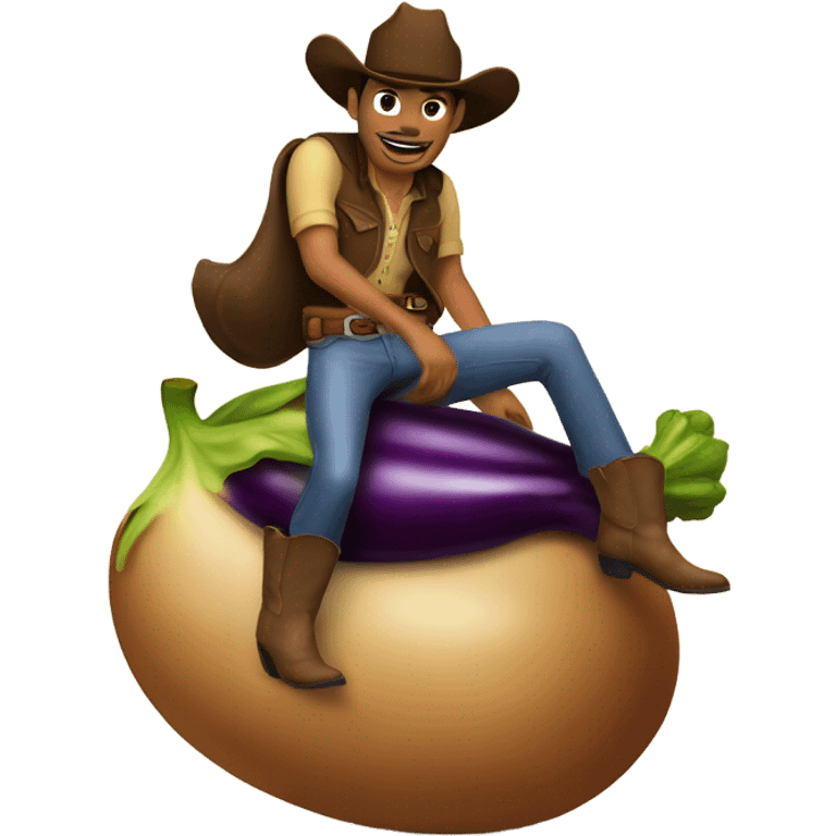 A cowboy riding an eggplant emoji