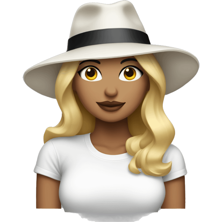 blonde woman wearing an oversized glitter white tshirt and black fedora emoji