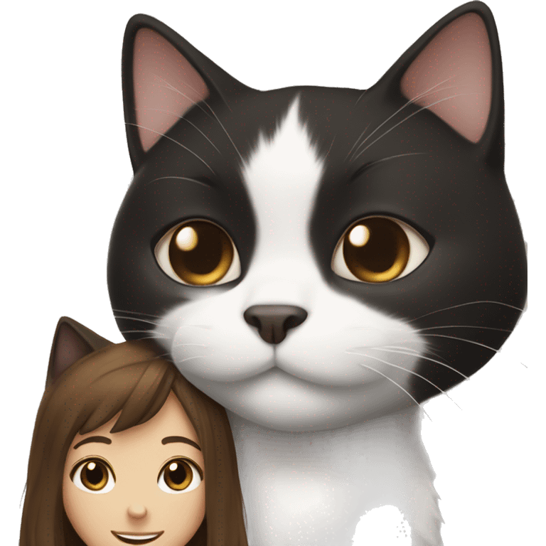 Black and white cat with brown haired girl emoji