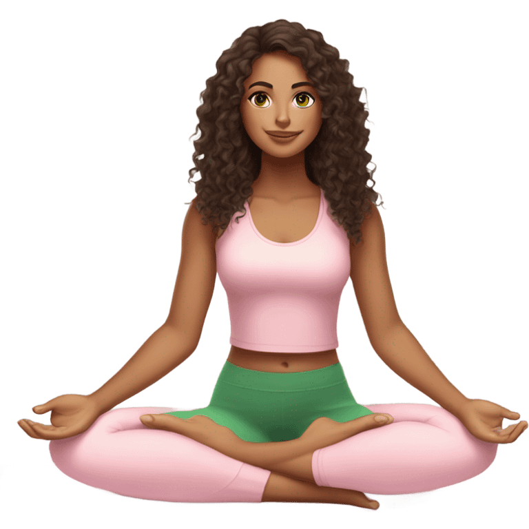 Dark brown long curly hair and green eyes yoga beautiful young woman in light pink pink pink clothes sitting on a yoga mat emoji