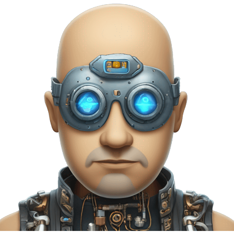 Fat bald cyborg head with tan skin, blue beard, blue steampunk goggles and circuits emoji