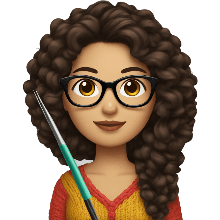 Hispanic woman with black glasses long dark brown curly hair holding crochet needle and yarn emoji