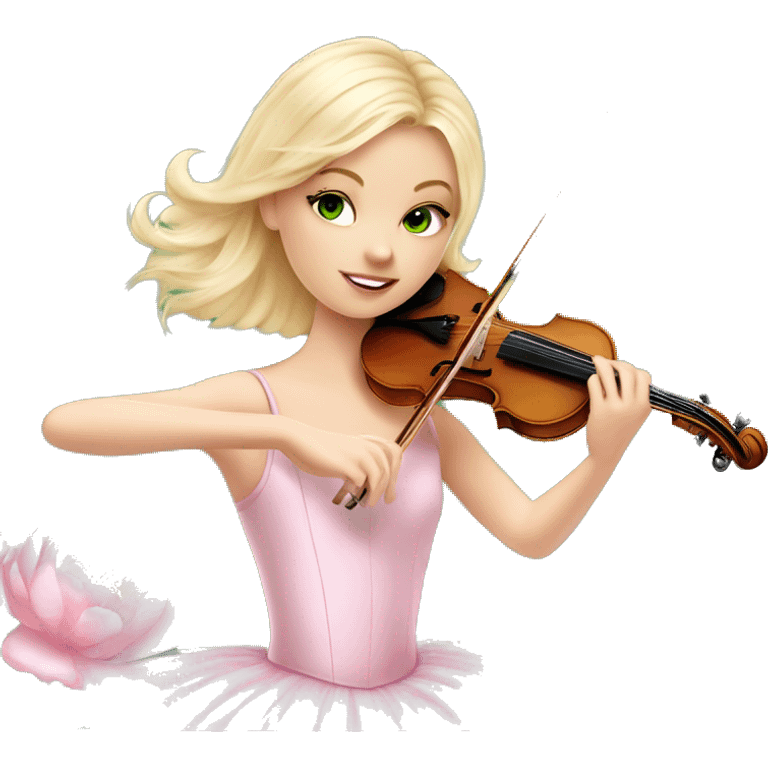 ballet blonde with skin girl with green eyes and soft pastel tutu playing violin with peonies and sparkles realistic coquette emoji