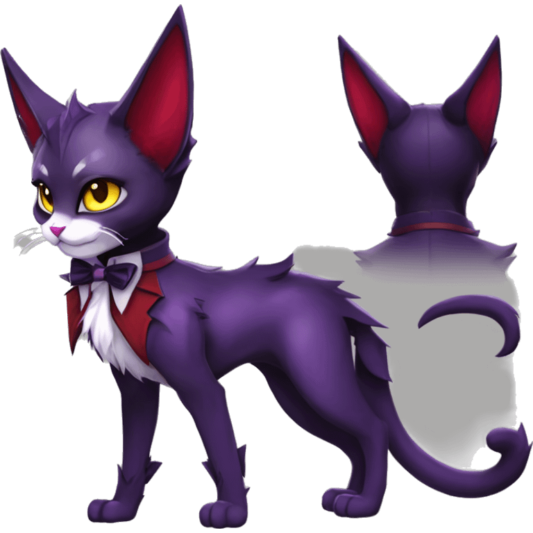 Anthro-Cute-Edgy-Vampiric-Batty-Cat-Black-Purple-Red-Grey-White-Yellow-Contrast-Colors-Fantasy-Fur-Sona-Chibi-Shiny-Fakémon-Hybrid with horns and big fangs, neck tie, leg spats full body emoji