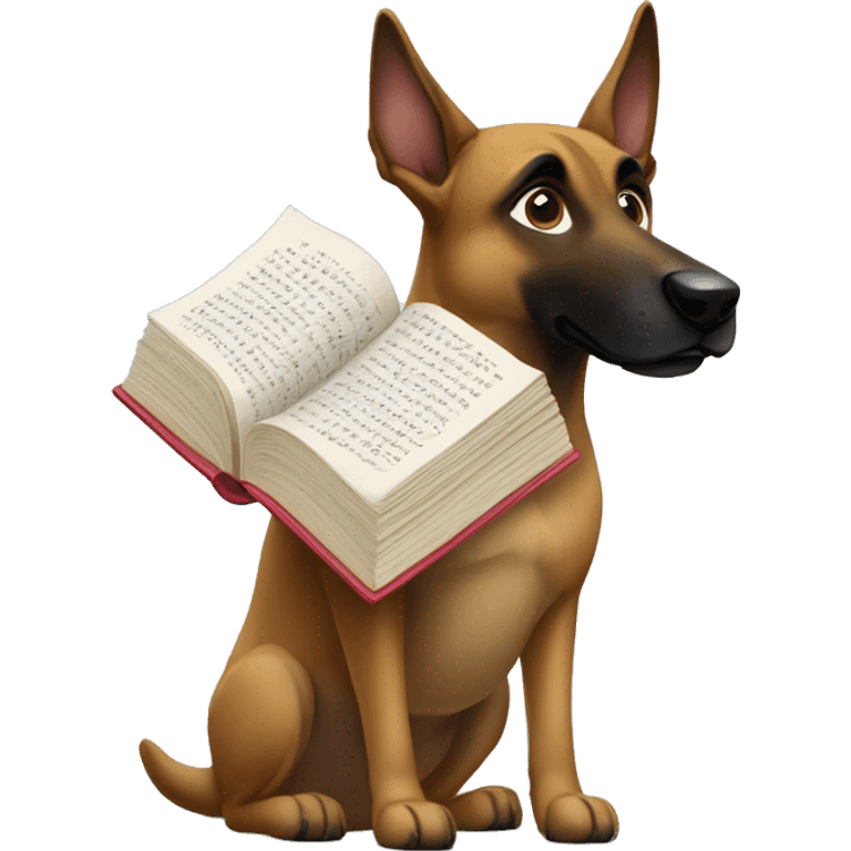 malinois prends des notes avec un livre emoji