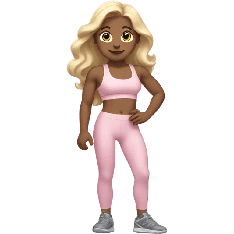 White woman, pale woman, long hair, blonde hair, wavy hair, baby pink sports bra, baby pink leggings, flexing right arm emoji