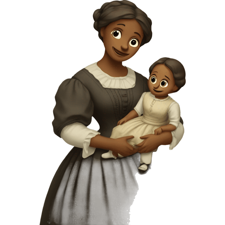 A 19th century woman with a child in her arms. There is a big letter "A" on the dress emoji